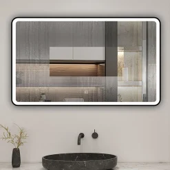 Miroir de salle de bain LED 120x70cm avec cadre noir, tricolore + anti-buée + mémoire + gradation infinie, AICA SANITAIRE
