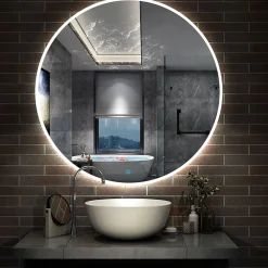 Miroir de salle de bain LED rond de 90cm, dimmable + mémoire + antibuée, avec interrupteur tactile, blanc, AICA SANITAIRE