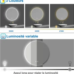 Miroir de salle de bain LED rond 80 cm avec rétro-éclairage, tricolore + anti-buée + mémoire + gradation infinie, AICA SANITAIRE