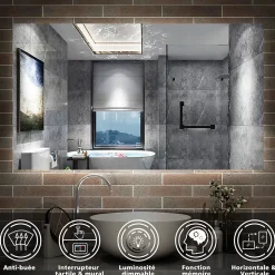 Miroir de salle de bain LED, 120x70cm, mémoire + dimmable + anti-buée, IP44, 6000K blanc, AICA SANITAIRE