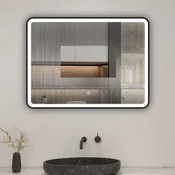 Miroir de salle de bain LED 80x60cm avec cadre noir, tricolore + anti-buée + mémoire + gradation infinie, AICA SANITAIRE