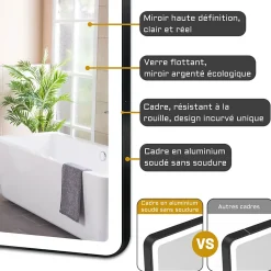 Miroir de salle de bain LED 80x60cm avec cadre noir, tricolore + anti-buée + mémoire + gradation infinie, AICA SANITAIRE
