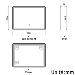 Miroir de salle de bain LED 80x60cm avec cadre noir, tricolore + anti-buée + mémoire + gradation infinie, AICA SANITAIRE