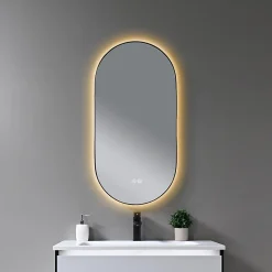 Miroir de salle de bain LED 45x90cm ovale anti buée avec cadre en aluminium noir- LuxuryBain