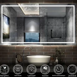 Miroir de salle de bain LED dimmable, avec mémoire et anti-buée, 150x70cm, IP44, AICA SANITAIRE