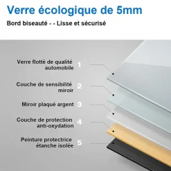 Miroir de salle de bain LED dimmable, avec mémoire et anti-buée, 150x70cm, IP44, AICA SANITAIRE
