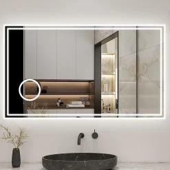 Miroir de salle de bain LED 160x80cm Tricolor anti-buée avec bluetooth simple, horloge et miroir grossissant 3x, AICA SANITAIRE