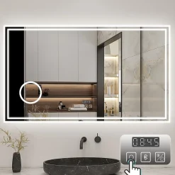 Miroir de salle de bain LED 160x80cm Tricolor anti-buée avec bluetooth simple, horloge et miroir grossissant 3x, AICA SANITAIRE
