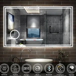 Miroir de salle de bain LED 160x80cm Tricolor anti-buée avec bluetooth simple, horloge et miroir grossissant 3x, AICA SANITAIRE