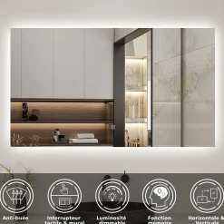 Miroir de salle de bain LED 120x70 cm rétro-éclairé sans cadre avec anti-buée + mémoire + dimmable, AICA SANITAIRE