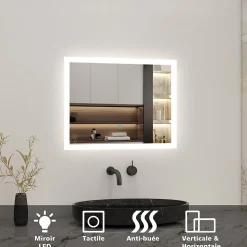 Miroir de salle de bain LED intégrée avec anti-buée 80x60cm Horizontal/Vertical Blanc froid, AICA SANITAIRE