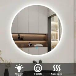 Miroir de salle de bain led rond 80 cm, anti buée miroir avec interrupteur tactile,lumière blanche, AICA SANITAIRE