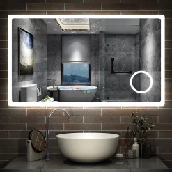 Miroir de salle de bain LED 120x70cm tricolor anti-buée avec bluetooth et loupe 3x,mémoire et lumière gradation, AICA SANITAIRE
