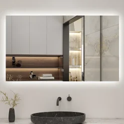 Miroir de salle de bain LED 70x50 cm rétro-éclairé sans cadre avec anti-buée + mémoire + dimmable, AICA SANITAIRE