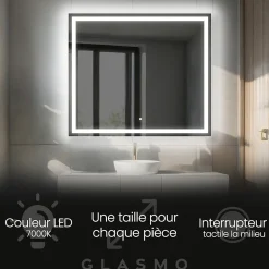 Miroir de Salle de Bain LED - Bella, 120x90 cm, LED Lumineux Miroir, Blanc Froid 7000K, Interrupteur Tactile