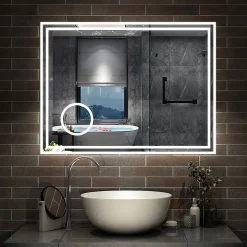 Miroir de salle de bain LED 100x60cm Tricolor anti-buée avec bluetooth simple, horloge et miroir grossissant 3x, AICA SANITAIRE