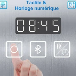 Miroir de salle de bain LED 100x60cm Tricolor anti-buée avec bluetooth simple, horloge et miroir grossissant 3x, AICA SANITAIRE