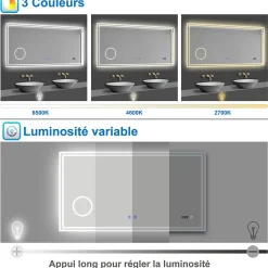 Miroir de salle de bain LED 100x60cm Tricolor anti-buée avec bluetooth simple, horloge et miroir grossissant 3x, AICA SANITAIRE