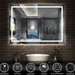 Miroir de salle de bain LED dimmable, avec mémoire et anti-buée, 120x70cm, IP44, AICA SANITAIRE