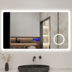 Miroir de salle de bain led bluetooth, 100x60cm Anti-buée, 3x Loupe, 3 couleurs de lumière, AICA SANITAIRE
