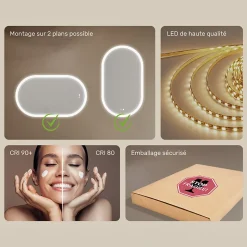 Miroir de salle de bain lumineux - ARTFORMA - Ovale - 120x70cm - LED Dual + interrupteur tactile + anti-buée