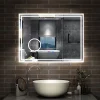 Miroir de salle de bain LED 100x60cm Tricolor anti-buée avec bluetooth simple, horloge et miroir grossissant 3x, AICA SANITAIRE