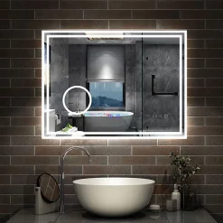 Miroir de salle de bain LED 100x60cm Tricolor anti-buée avec bluetooth simple, horloge et miroir grossissant 3x, AICA SANITAIRE