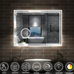 Miroir de salle de bain LED 100x60cm Tricolor anti-buée avec bluetooth simple, horloge et miroir grossissant 3x, AICA SANITAIRE