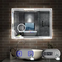 Miroir de salle de bain LED 100x60cm Tricolor anti-buée avec bluetooth simple, horloge et miroir grossissant 3x, AICA SANITAIRE