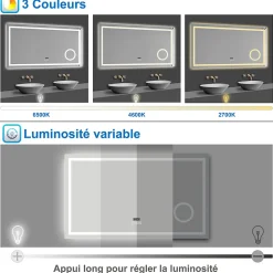 Miroir de salle de bain LED 80x60cm tricolore anti-buée + loupe + bluetooth + horloge + mémoire + dimmable, AICA SANITAIRE