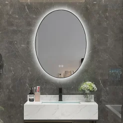 Miroir de salle de bain LED 50x70cm ovale anti buée avec cadre en aluminium noir LuxuryBain