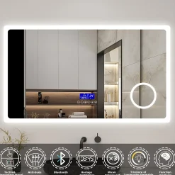 Miroir de salle de bain led bluetooth, 140x80cm Anti-buée, 3x Loupe, 3 couleurs de lumière, AICA SANITAIRE