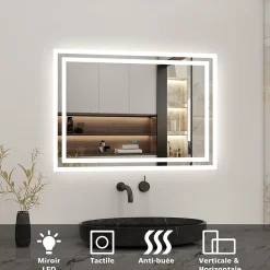 Miroir de salle de bain led tactile, 80x60cm illumination LED intégrée avec fonction anti-buée Blanc froid, AICA SANITAIRE