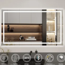Miroir de salle de bain LED 100x60cm tricolore anti-buée + bluetooth + horloge + mémoire + dimmable, AICA SANITAIRE