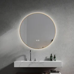 Miroir de salle de bain LED 60cm rond anti buée avec cadre en aluminium doré, or LuxuryBain