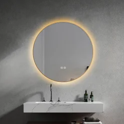Miroir de salle de bain LED 60cm rond anti buée avec cadre en aluminium doré, or LuxuryBain