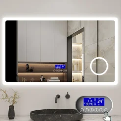 Miroir de salle de bain led bluetooth, 120x70cm Anti-buée, 3x Loupe, 3 couleurs de lumière, AICA SANITAIRE