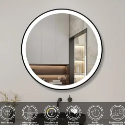 Miroir de salle de bain LED rond 70 cm avec cadre noir, tricolore + anti-buée + mémoire + gradation infinie, AICA SANITAIRE