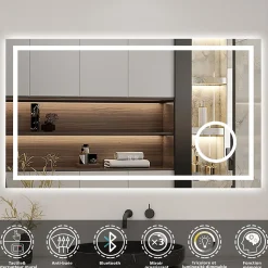 Miroir de salle de bain LED 100x60cm tricolore anti-buée + bluetooth + loupe + mémoire + dimmable, AICA SANITAIRE