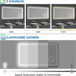 Miroir de salle de bain LED 100x60cm tricolore anti-buée + bluetooth + loupe + mémoire + dimmable, AICA SANITAIRE
