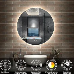 Miroir de salle de bain LED rond 80cm avec rétro-éclairage, tricolore + anti-buée + mémoire + gradation infinie, AICA SANITAIRE