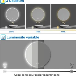 Miroir de salle de bain LED rond 80cm avec rétro-éclairage, tricolore + anti-buée + mémoire + gradation infinie, AICA SANITAIRE