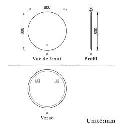 Miroir de salle de bain LED rond 80cm avec rétro-éclairage, tricolore + anti-buée + mémoire + gradation infinie, AICA SANITAIRE