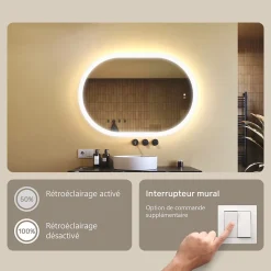 Miroir de salle de bain lumineux - ARTFORMA - Ovale - 100x70cm - LED Dual + interrupteur tactile + anti-buée