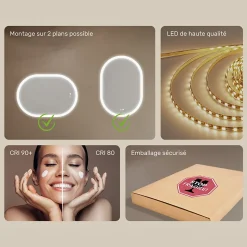 Miroir de salle de bain lumineux - ARTFORMA - Ovale - 100x70cm - LED Dual + interrupteur tactile + anti-buée