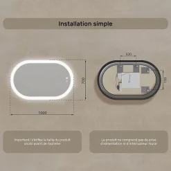 Miroir de salle de bain lumineux - ARTFORMA - Ovale - 100x70cm - LED Dual + interrupteur tactile + anti-buée