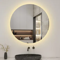 Miroir de salle de bain LED rond 70 cm avec rétro-éclairage, tricolore + anti-buée + mémoire + gradation infinie, AICA SANITAIRE