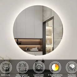 Miroir de salle de bain LED rond 70 cm avec rétro-éclairage, tricolore + anti-buée + mémoire + gradation infinie, AICA SANITAIRE