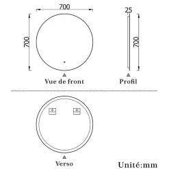 Miroir de salle de bain LED rond 70 cm avec rétro-éclairage, tricolore + anti-buée + mémoire + gradation infinie, AICA SANITAIRE
