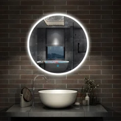 Miroir de salle de bain LED rond de 80cm, dimmable + mémoire + antibuée, avec interrupteur tactile, blanc, AICA SANITAIRE